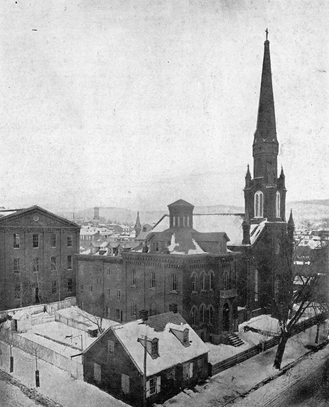 Saint Paul with its tall nineteenth-century spire, about 1871